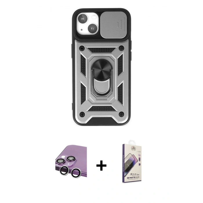 MARSİLYAN™- iPhone 14 Kılıf Ahenk Klasik - Siyah Bilvis 3D Mat Cam Ekran Koruyucu + Raze Metal Kamera Lens - GS