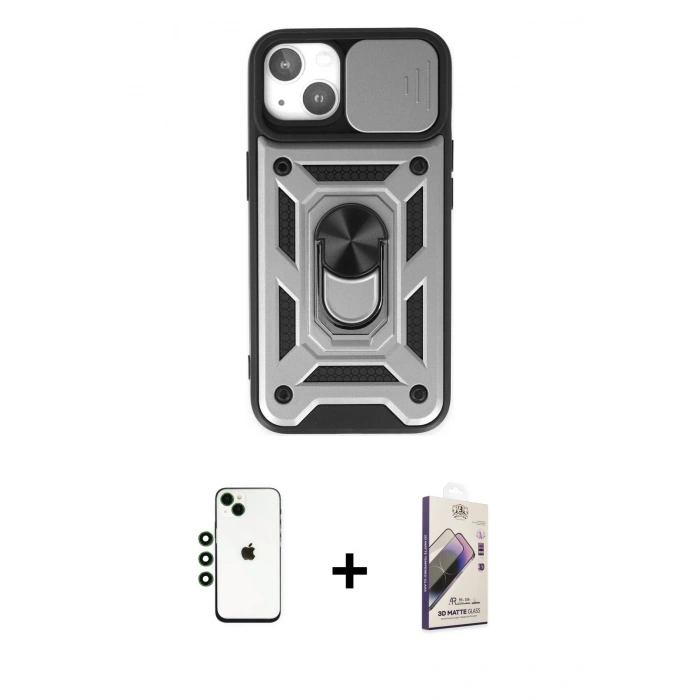 MARSİLYAN™- iPhone 14 Kılıf Ahenk Klasik - Siyah Bilvis 3D Mat Cam Ekran Koruyucu + Shine Kamera Lens - YL