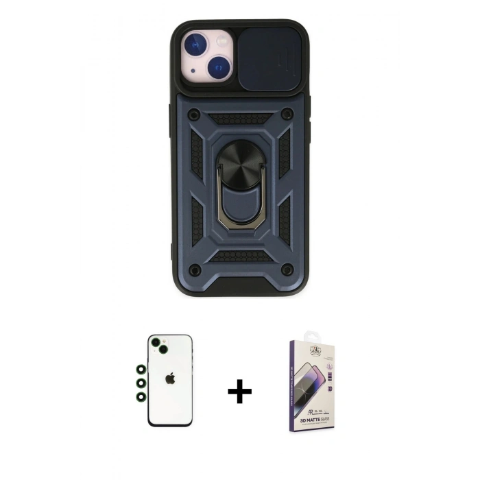 MARSİLYAN™- iPhone 14 Kılıf Ahenk Klasik - Siyah Bilvis 3D Mat Cam Ekran Koruyucu + Shine Kamera Lens - YL