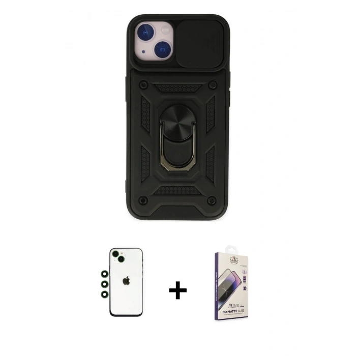 MARSİLYAN™- iPhone 14 Kılıf Ahenk Klasik - Siyah Bilvis 3D Mat Cam Ekran Koruyucu + Shine Kamera Lens - YL
