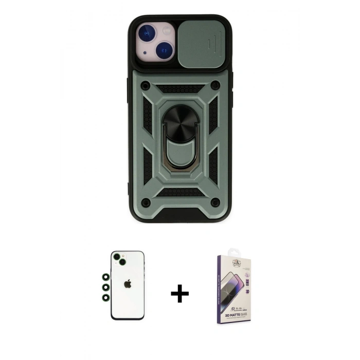 MARSİLYAN™- iPhone 14 Kılıf Ahenk Klasik - Siyah Bilvis 3D Mat Cam Ekran Koruyucu + Shine Kamera Lens - YL