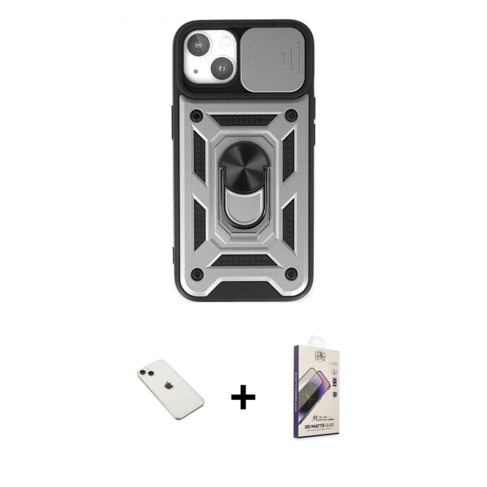 MARSİLYAN™- iPhone 14 Kılıf Ahenk Klasik - Siyah Bilvis 3D Mat Cam Ekran Koruyucu + Diamond Kamera Lens - YL