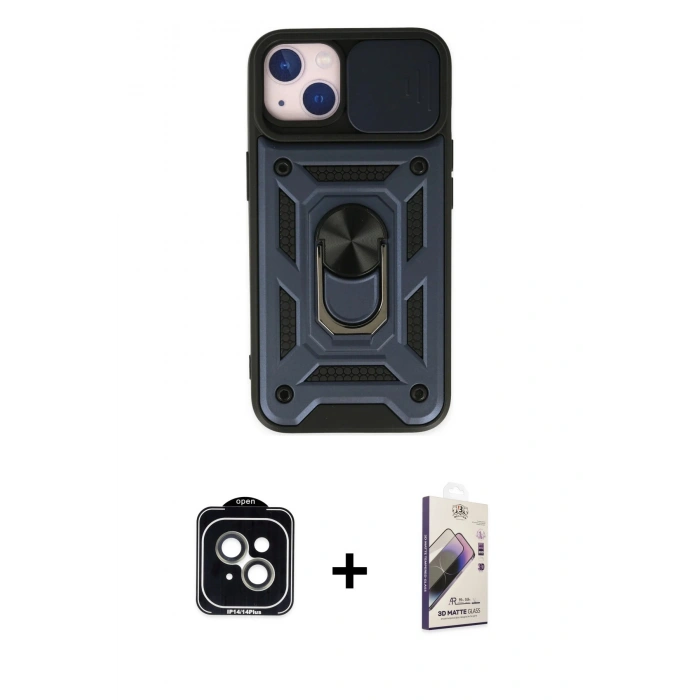 MARSİLYAN™- iPhone 14 Kılıf Ahenk Klasik - Siyah Bilvis 3D Mat Cam Ekran Koruyucu + PVD Metal Kamera Lens - YL