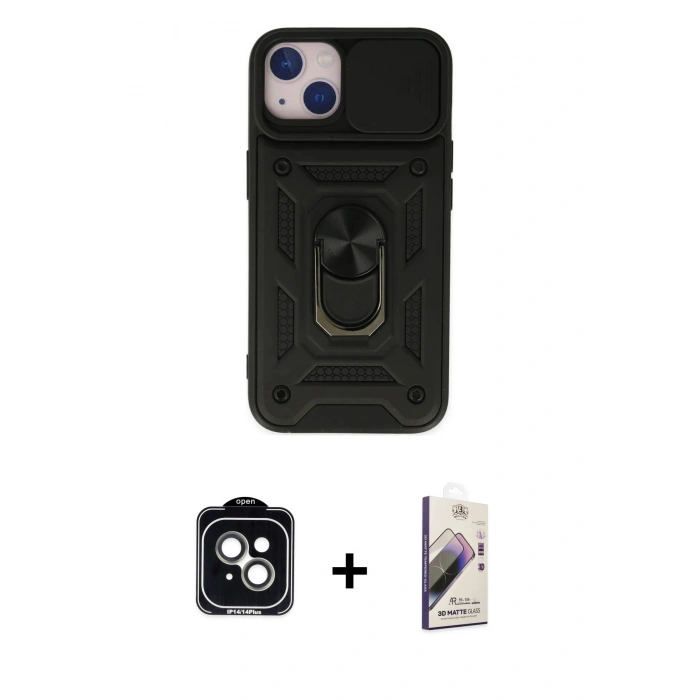 MARSİLYAN™- iPhone 14 Kılıf Ahenk Klasik - Siyah Bilvis 3D Mat Cam Ekran Koruyucu + PVD Metal Kamera Lens - YL