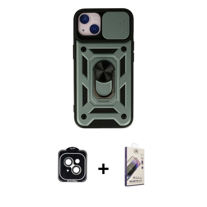 MARSİLYAN™- iPhone 14 Kılıf Ahenk Klasik - Siyah Bilvis 3D Mat Cam Ekran Koruyucu + PVD Metal Kamera Lens - YL