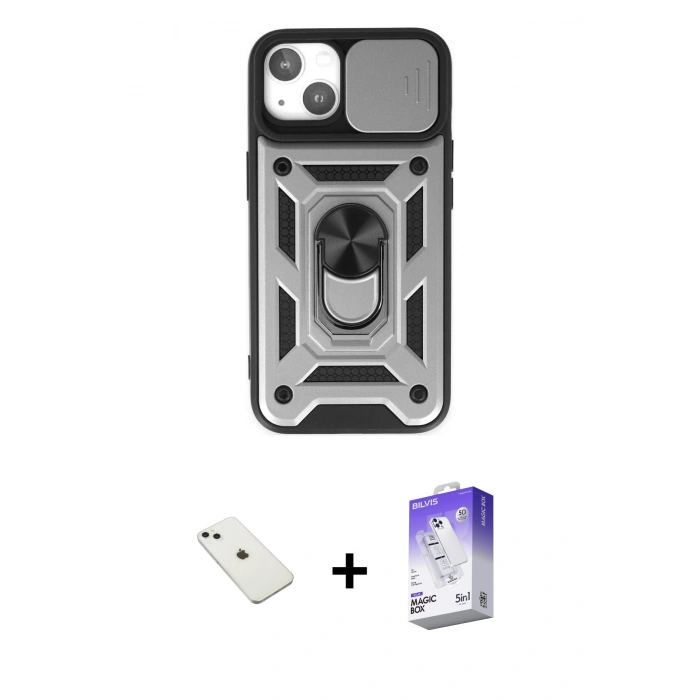 MARSİLYAN™- iPhone 14 Kılıf Ahenk Klasik - Siyah Bilvis 5in1 3D Magic Cam Ekran Koruyucu + Diamond Kamera Lens - SABE
