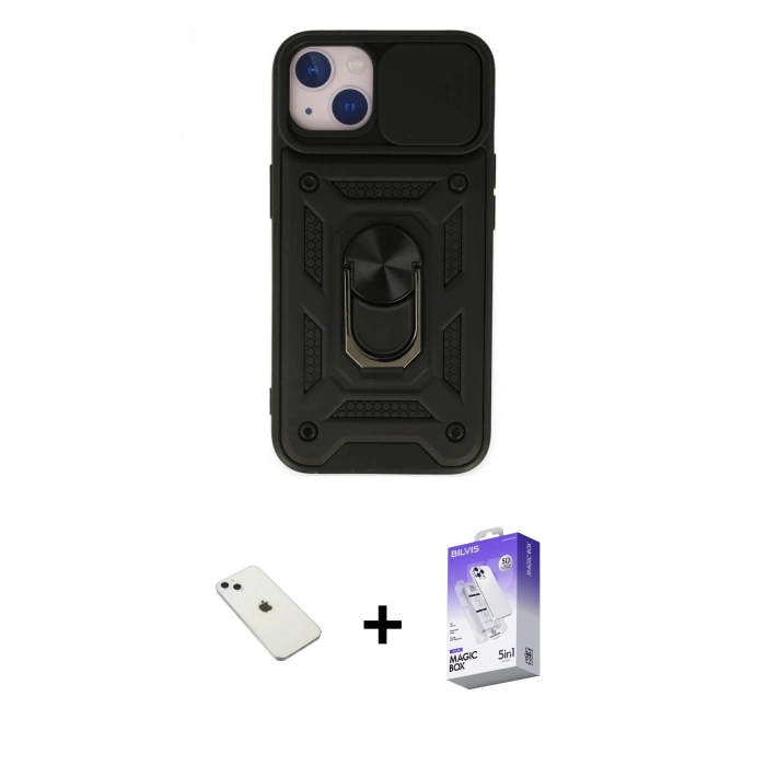 MARSİLYAN™- iPhone 14 Kılıf Ahenk Klasik - Siyah Bilvis 5in1 3D Magic Cam Ekran Koruyucu + Diamond Kamera Lens - SABE