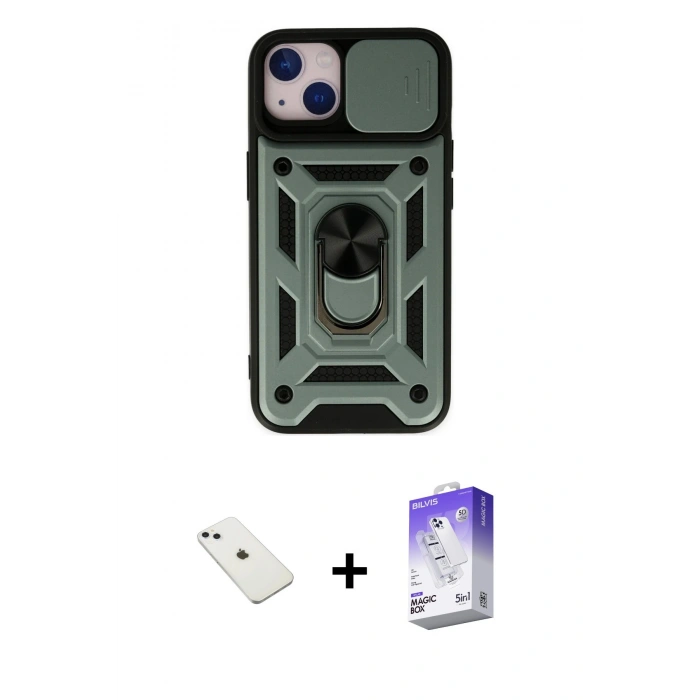 MARSİLYAN™- iPhone 14 Kılıf Ahenk Klasik - Siyah Bilvis 5in1 3D Magic Cam Ekran Koruyucu + Diamond Kamera Lens - SABE