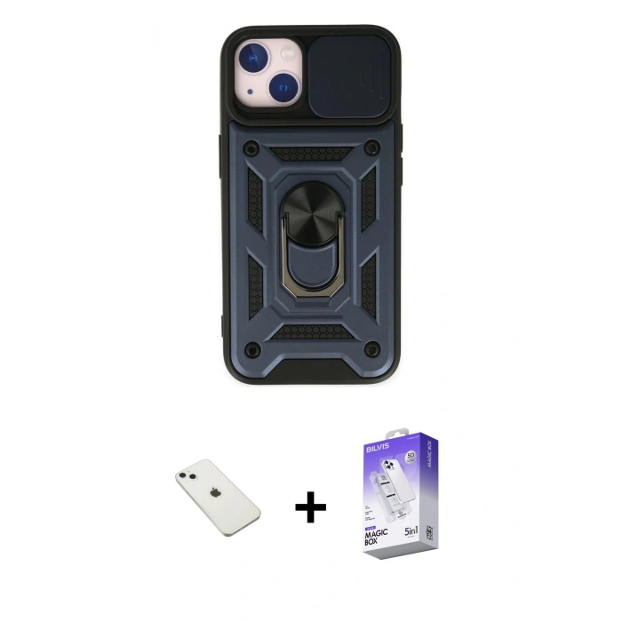 MARSİLYAN™- iPhone 14 Kılıf Ahenk Klasik - Siyah Bilvis 5in1 3D Magic Cam Ekran Koruyucu + Diamond Kamera Lens - SABE