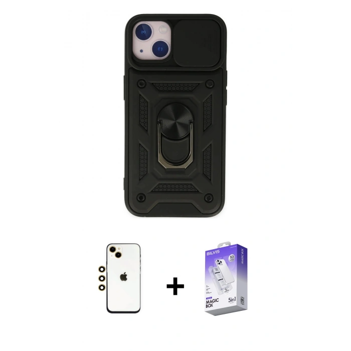 MARSİLYAN™- iPhone 14 Kılıf Ahenk Klasik - Siyah Bilvis 5in1 3D Magic Cam Ekran Koruyucu + Shine Kamera Lens - GD