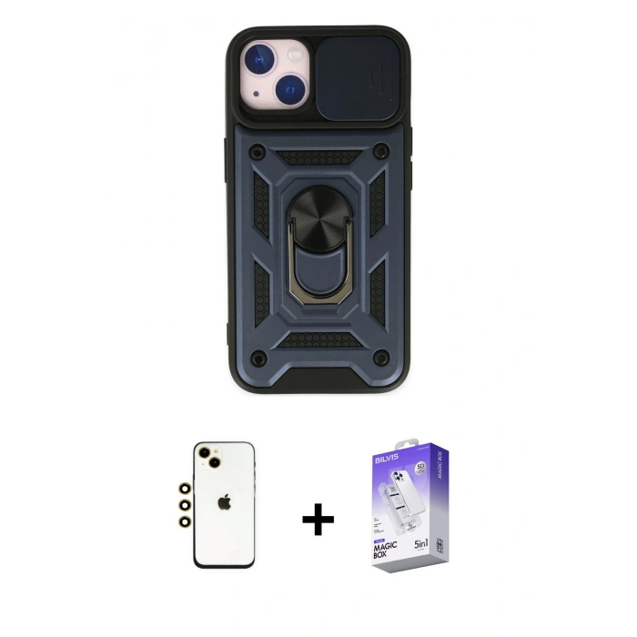 MARSİLYAN™- iPhone 14 Kılıf Ahenk Klasik - Siyah Bilvis 5in1 3D Magic Cam Ekran Koruyucu + Shine Kamera Lens - GD