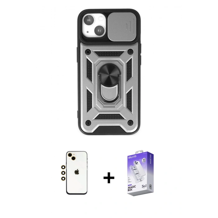MARSİLYAN™- iPhone 14 Kılıf Ahenk Klasik - Siyah Bilvis 5in1 3D Magic Cam Ekran Koruyucu + Shine Kamera Lens - GD
