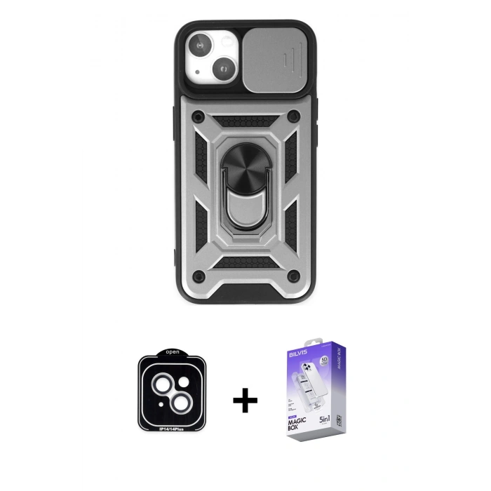 MARSİLYAN™- iPhone 14 Kılıf Ahenk Klasik - Siyah Bilvis 5in1 3D Magic Cam Ekran Koruyucu + PVD Metal Kamera Lens - GS