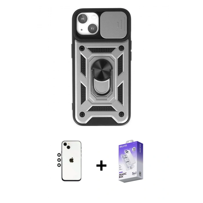 MARSİLYAN™- iPhone 14 Kılıf Ahenk Klasik - Siyah Bilvis 5in1 3D Magic Cam Ekran Koruyucu + Shine Kamera Lens - GS