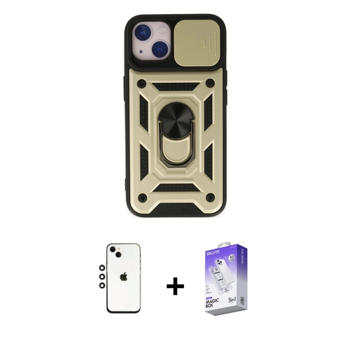 MARSİLYAN™- iPhone 14 Kılıf Ahenk Klasik - Siyah Bilvis 5in1 3D Magic Cam Ekran Koruyucu + Shine Kamera Lens - GS