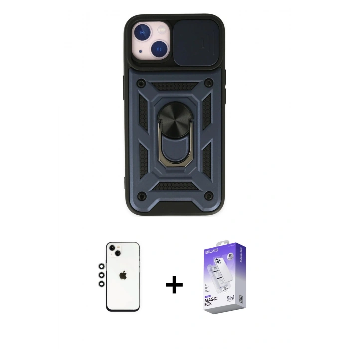 MARSİLYAN™- iPhone 14 Kılıf Ahenk Klasik - Siyah Bilvis 5in1 3D Magic Cam Ekran Koruyucu + Shine Kamera Lens - GS