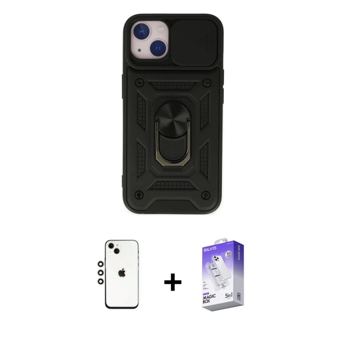 MARSİLYAN™- iPhone 14 Kılıf Ahenk Klasik - Siyah Bilvis 5in1 3D Magic Cam Ekran Koruyucu + Shine Kamera Lens - GS
