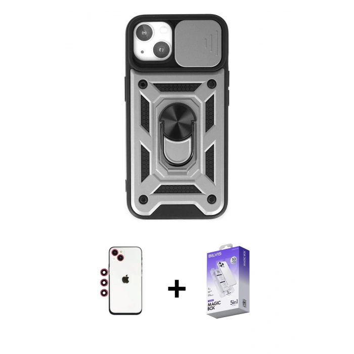 MARSİLYAN™- iPhone 14 Kılıf Ahenk Klasik - Siyah Bilvis 5in1 3D Magic Cam Ekran Koruyucu + Shine Kamera Lens - KI
