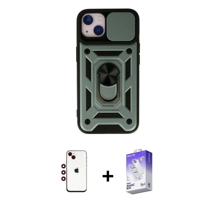 MARSİLYAN™- iPhone 14 Kılıf Ahenk Klasik - Siyah Bilvis 5in1 3D Magic Cam Ekran Koruyucu + Shine Kamera Lens - KI