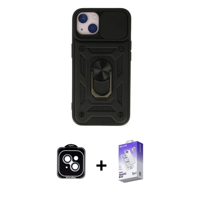 MARSİLYAN™- iPhone 14 Kılıf Ahenk Klasik - Siyah Bilvis 5in1 3D Magic Cam Ekran Koruyucu + PVD Metal Kamera Lens - MI
