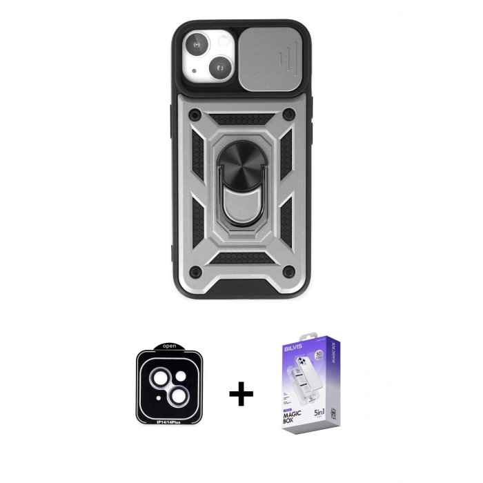 MARSİLYAN™- iPhone 14 Kılıf Ahenk Klasik - Siyah Bilvis 5in1 3D Magic Cam Ekran Koruyucu + PVD Metal Kamera Lens - MI