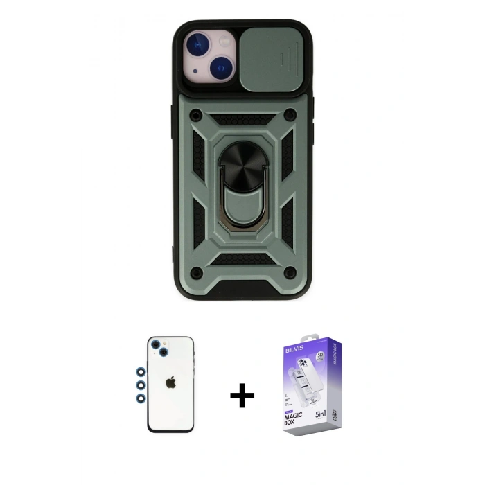 MARSİLYAN™- iPhone 14 Kılıf Ahenk Klasik - Siyah Bilvis 5in1 3D Magic Cam Ekran Koruyucu + Shine Kamera Lens - MI
