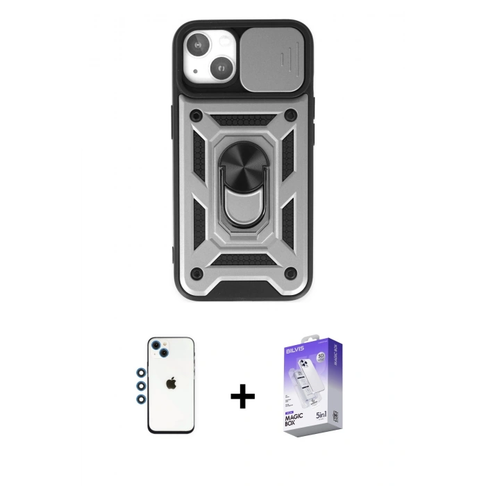 MARSİLYAN™- iPhone 14 Kılıf Ahenk Klasik - Siyah Bilvis 5in1 3D Magic Cam Ekran Koruyucu + Shine Kamera Lens - MI