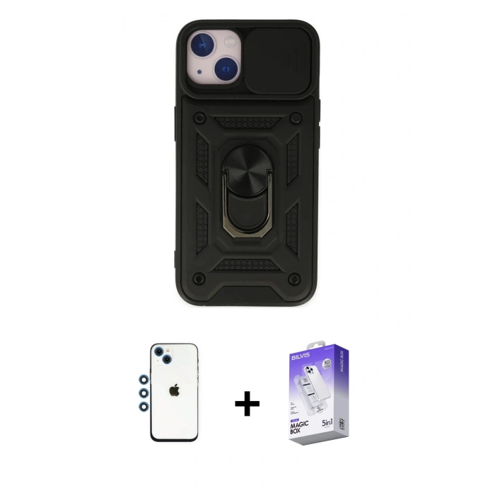MARSİLYAN™- iPhone 14 Kılıf Ahenk Klasik - Siyah Bilvis 5in1 3D Magic Cam Ekran Koruyucu + Shine Kamera Lens - MI