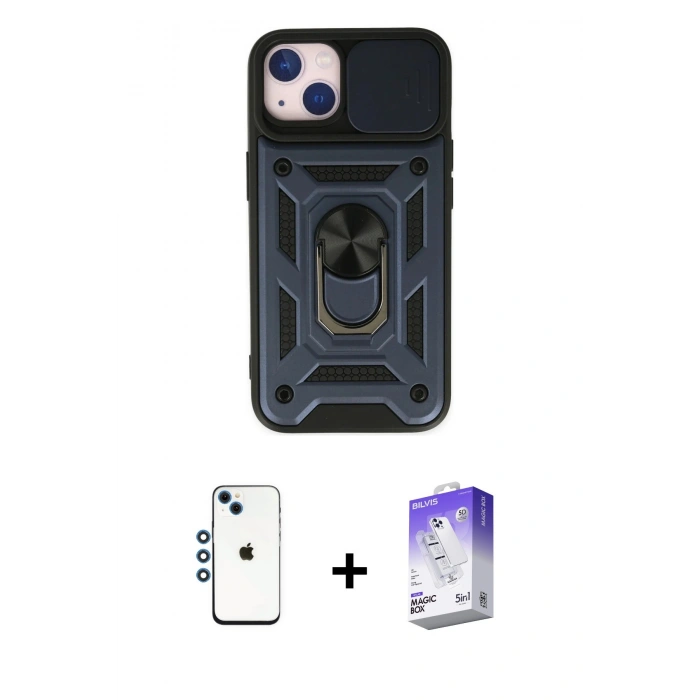 MARSİLYAN™- iPhone 14 Kılıf Ahenk Klasik - Siyah Bilvis 5in1 3D Magic Cam Ekran Koruyucu + Shine Kamera Lens - MI