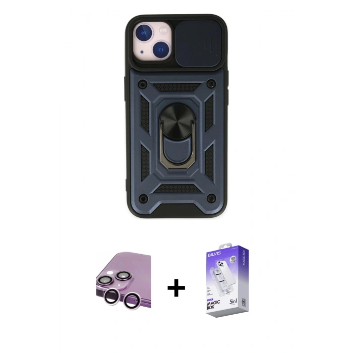 MARSİLYAN™- iPhone 14 Kılıf Ahenk Klasik - Siyah Bilvis 5in1 3D Magic Cam Ekran Koruyucu + Raze Metal Kamera Lens - MR