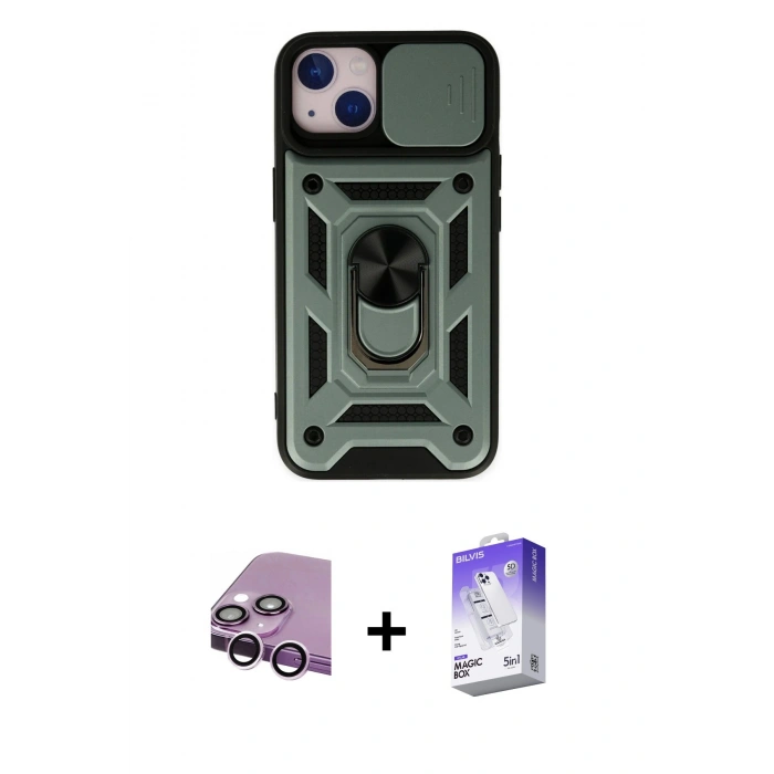 MARSİLYAN™- iPhone 14 Kılıf Ahenk Klasik - Siyah Bilvis 5in1 3D Magic Cam Ekran Koruyucu + Raze Metal Kamera Lens - MR
