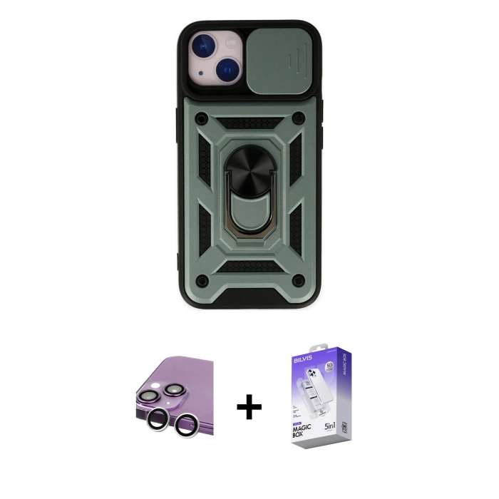 MARSİLYAN™- iPhone 14 Kılıf Ahenk Klasik - Siyah Bilvis 5in1 3D Magic Cam Ekran Koruyucu + Raze Metal Kamera Lens - GS