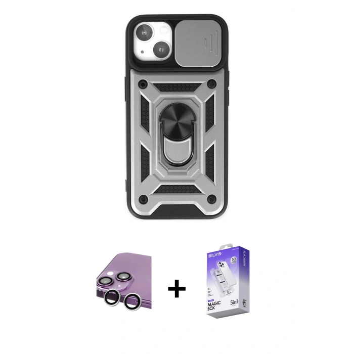 MARSİLYAN™- iPhone 14 Kılıf Ahenk Klasik - Siyah Bilvis 5in1 3D Magic Cam Ekran Koruyucu + Raze Metal Kamera Lens - GS