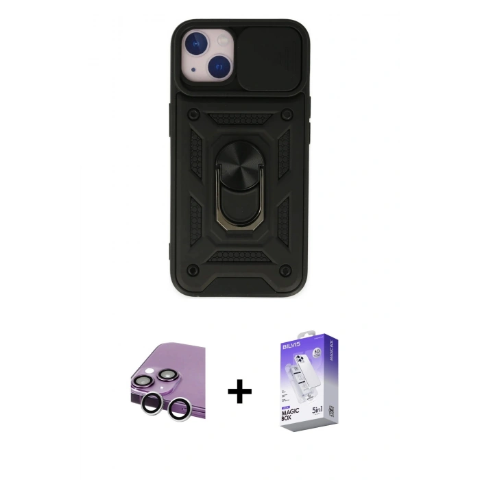 MARSİLYAN™- iPhone 14 Kılıf Ahenk Klasik - Siyah Bilvis 5in1 3D Magic Cam Ekran Koruyucu + Raze Metal Kamera Lens - GS