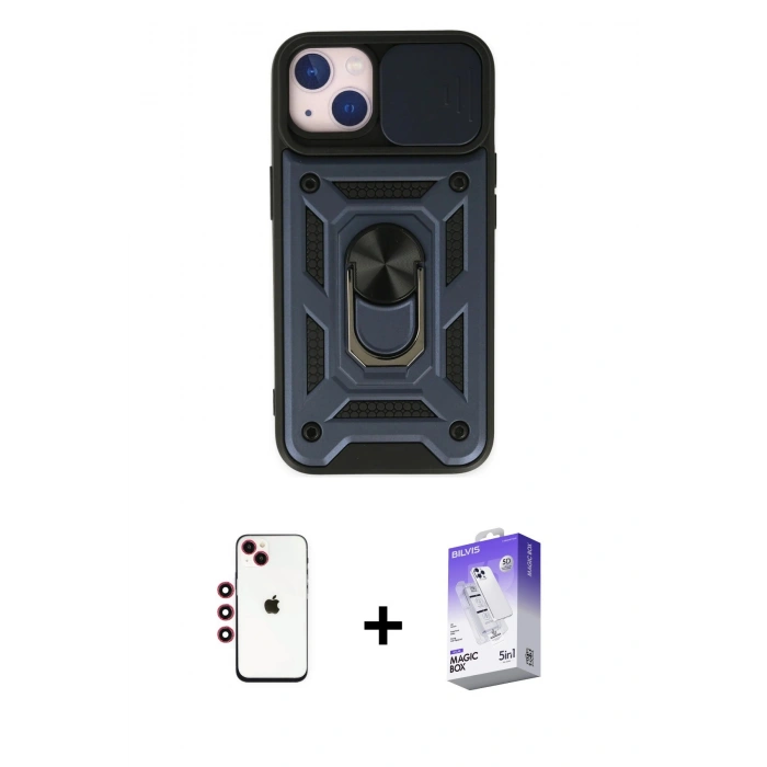 MARSİLYAN™- iPhone 14 Kılıf Ahenk Klasik - Siyah Bilvis 5in1 3D Magic Cam Ekran Koruyucu + Shine Kamera Lens - KI