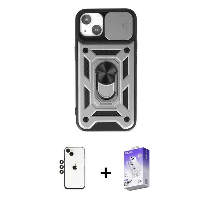 MARSİLYAN™- iPhone 14 Kılıf Ahenk Klasik - Siyah Bilvis 5in1 3D Magic Cam Ekran Koruyucu + Shine Kamera Lens - SH