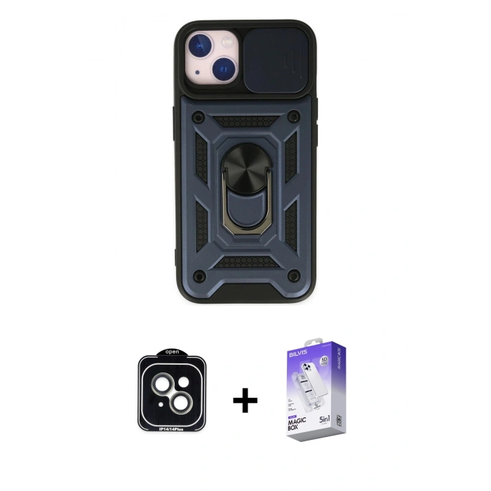MARSİLYAN™- iPhone 14 Kılıf Ahenk Klasik - Siyah Bilvis 5in1 3D Magic Cam Ekran Koruyucu + PVD Metal Kamera Lens - YL