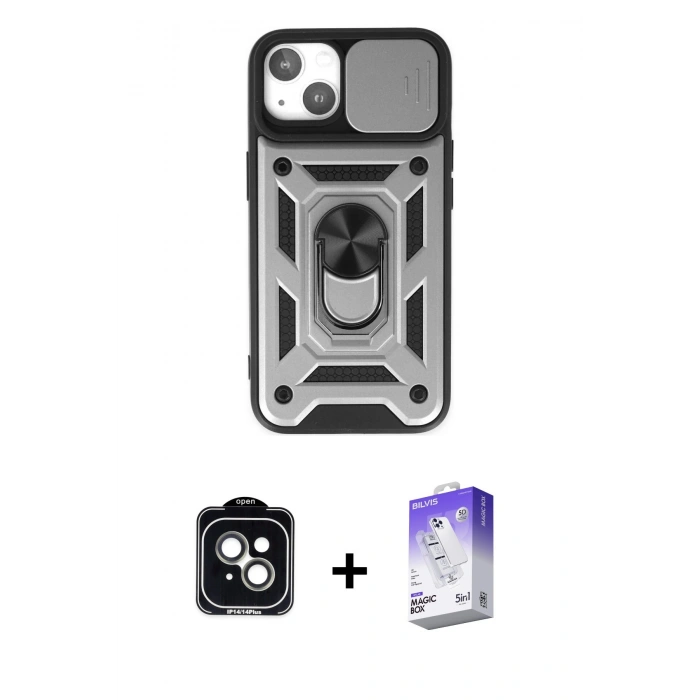 MARSİLYAN™- iPhone 14 Kılıf Ahenk Klasik - Siyah Bilvis 5in1 3D Magic Cam Ekran Koruyucu + PVD Metal Kamera Lens - YL