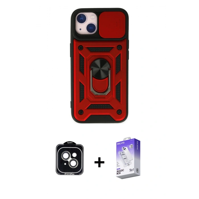 MARSİLYAN™- iPhone 14 Kılıf Ahenk Klasik - Siyah Bilvis 5in1 3D Magic Cam Ekran Koruyucu + PVD Metal Kamera Lens - YL