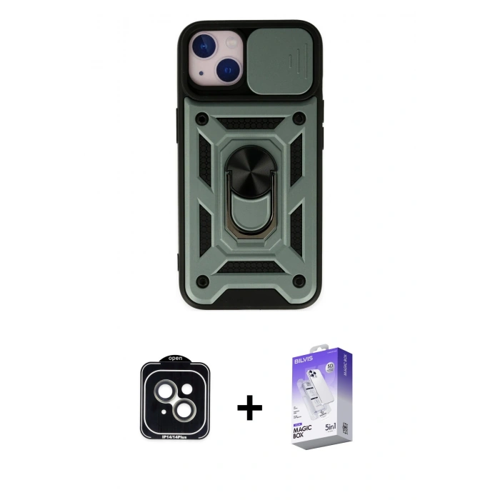 MARSİLYAN™- iPhone 14 Kılıf Ahenk Klasik - Siyah Bilvis 5in1 3D Magic Cam Ekran Koruyucu + PVD Metal Kamera Lens - YL