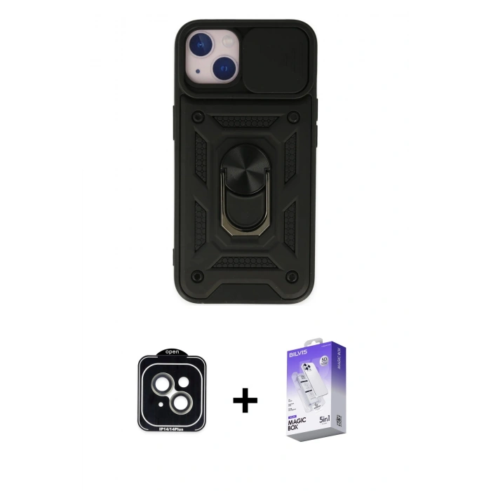MARSİLYAN™- iPhone 14 Kılıf Ahenk Klasik - Siyah Bilvis 5in1 3D Magic Cam Ekran Koruyucu + PVD Metal Kamera Lens - YL