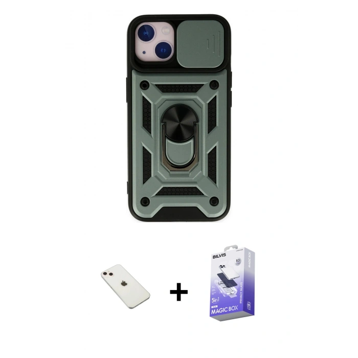 MARSİLYAN™- iPhone 14 Kılıf Ahenk Klasik - Siyah Bilvis 5in1 5D Magic Hayalet Cam Ekran Koruyucu + Diamond Kamera Lens - PE
