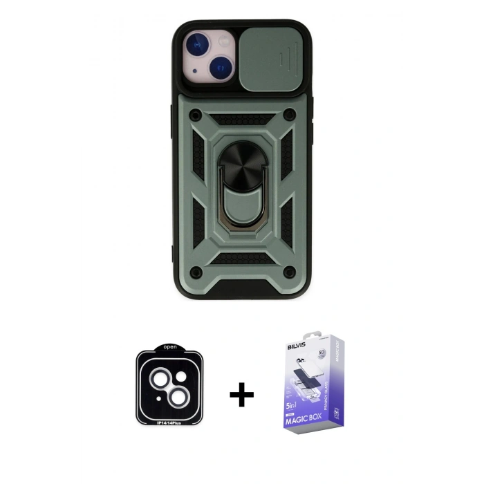 MARSİLYAN™- iPhone 14 Kılıf Ahenk Klasik - Siyah Bilvis 5in1 5D Magic Hayalet Cam Ekran Koruyucu + PVD Metal Kamera Lens - GS