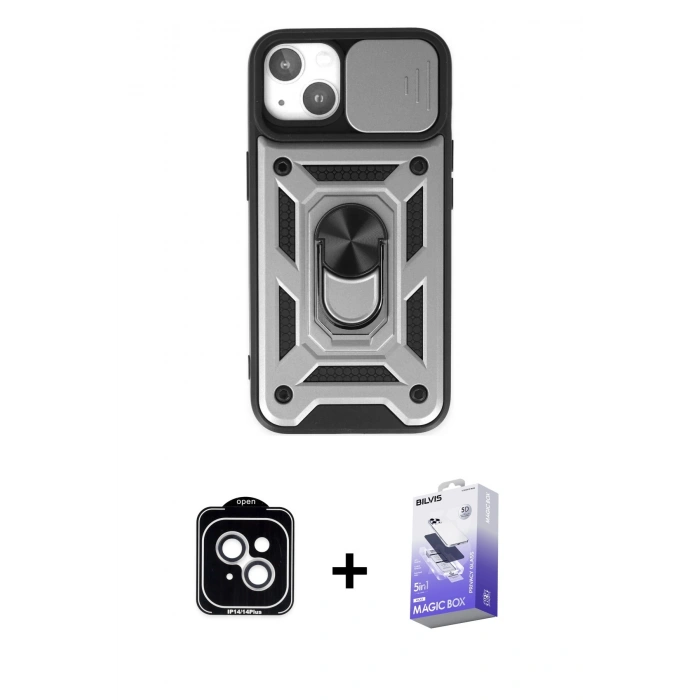 MARSİLYAN™- iPhone 14 Kılıf Ahenk Klasik - Siyah Bilvis 5in1 5D Magic Hayalet Cam Ekran Koruyucu + PVD Metal Kamera Lens - GS
