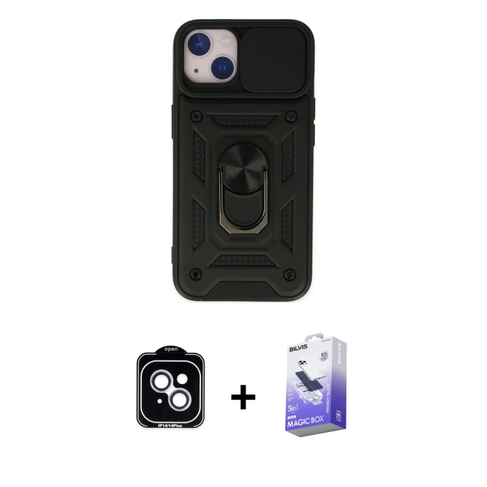 MARSİLYAN™- iPhone 14 Kılıf Ahenk Klasik - Siyah Bilvis 5in1 5D Magic Hayalet Cam Ekran Koruyucu + PVD Metal Kamera Lens - GS