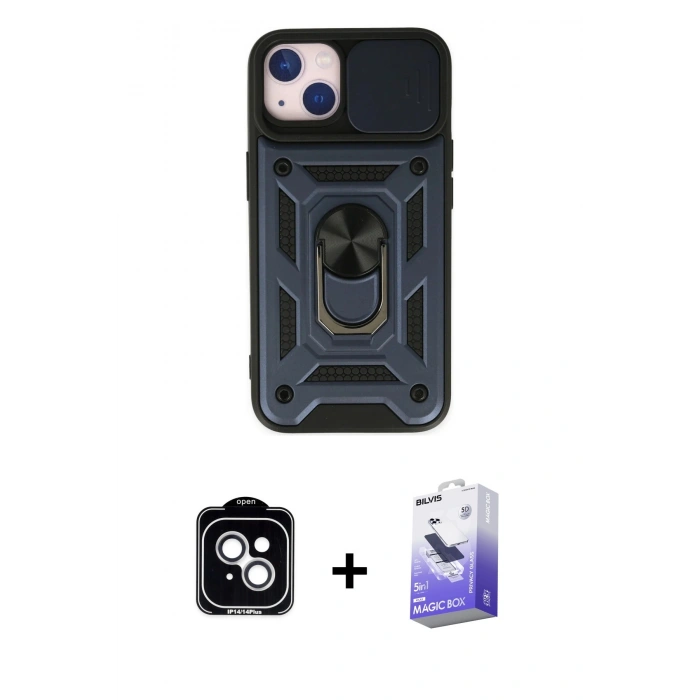 MARSİLYAN™- iPhone 14 Kılıf Ahenk Klasik - Siyah Bilvis 5in1 5D Magic Hayalet Cam Ekran Koruyucu + PVD Metal Kamera Lens - GS