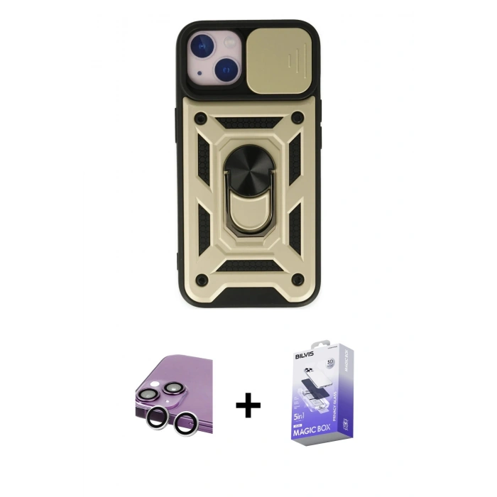 MARSİLYAN™- iPhone 14 Kılıf Ahenk Klasik - Siyah Bilvis 5in1 5D Magic Hayalet Cam Ekran Koruyucu + Raze Metal Kamera Lens - GS