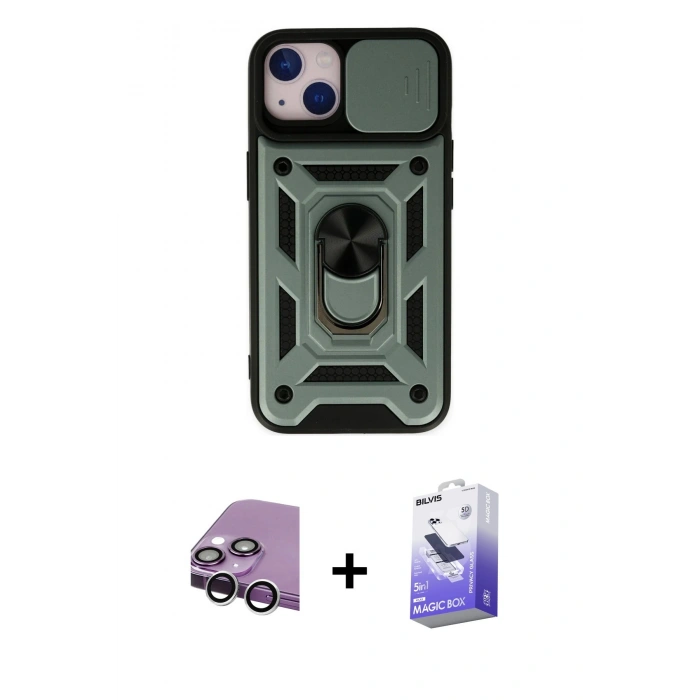 MARSİLYAN™- iPhone 14 Kılıf Ahenk Klasik - Siyah Bilvis 5in1 5D Magic Hayalet Cam Ekran Koruyucu + Raze Metal Kamera Lens - GS