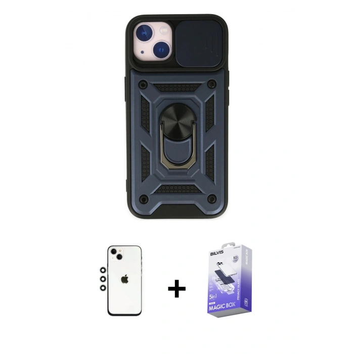 MARSİLYAN™- iPhone 14 Kılıf Ahenk Klasik - Siyah Bilvis 5in1 5D Magic Hayalet Cam Ekran Koruyucu + Shine Kamera Lens - GS