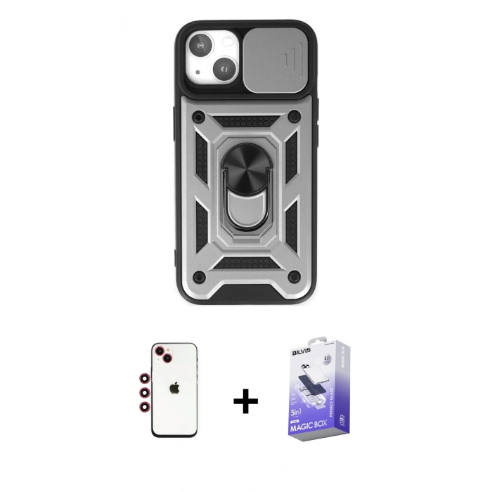 MARSİLYAN™- iPhone 14 Kılıf Ahenk Klasik - Siyah Bilvis 5in1 5D Magic Hayalet Cam Ekran Koruyucu + Shine Kamera Lens - KI